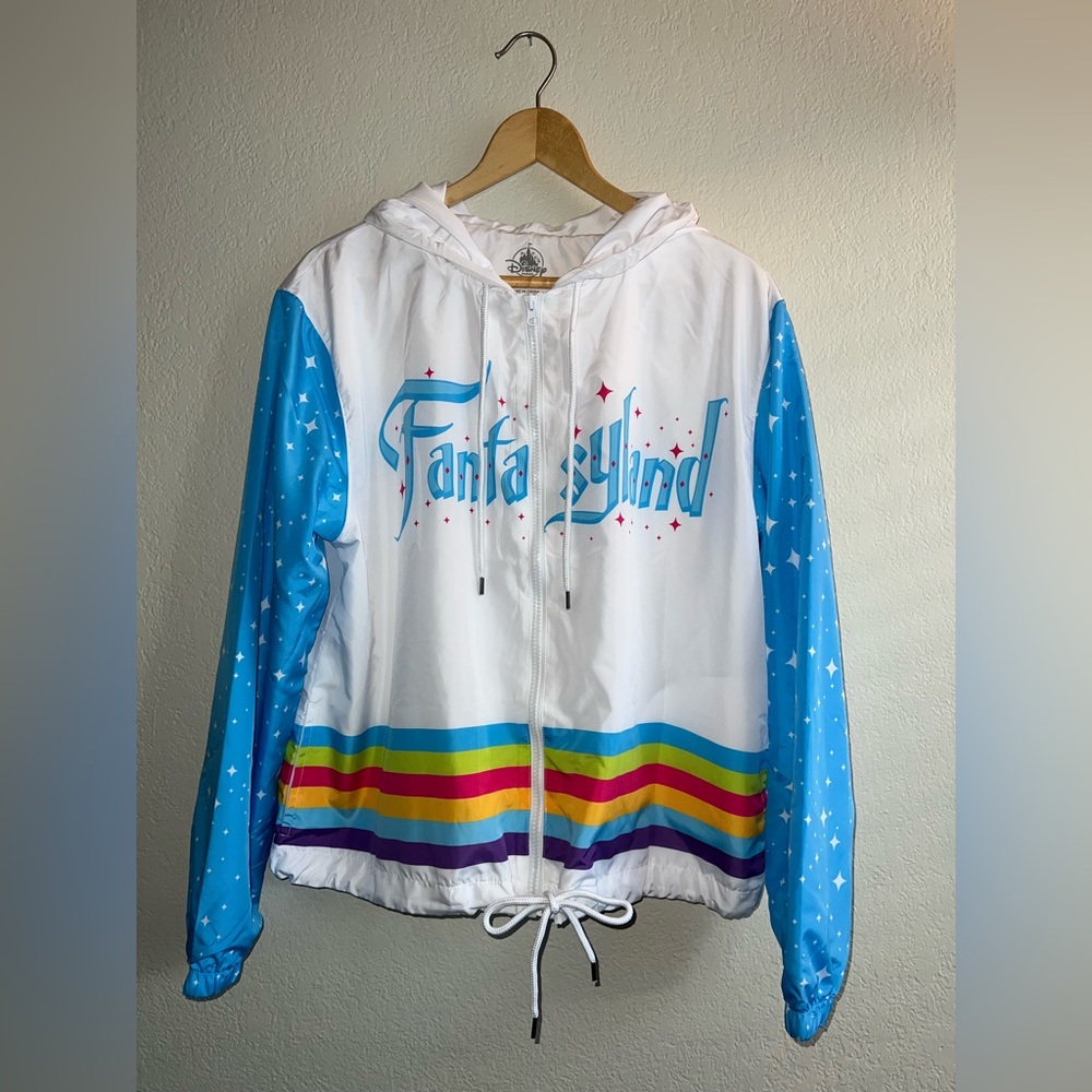 Disney Parks White & Blue Fantastyland Hooded Rain Jacket with Rainbow Stripes
